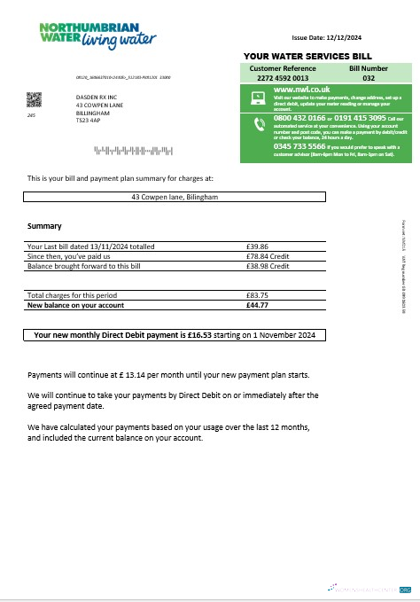 United Kingdom Northumbrian Water business utility bill template in Word and PDF formats, version 1